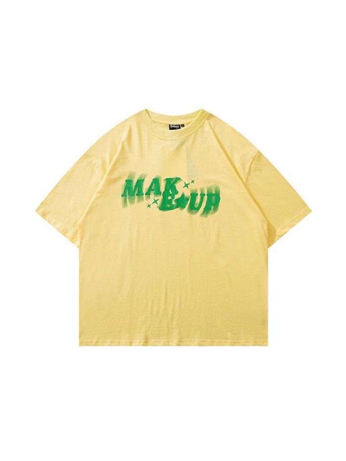Loose spray halo dye letter print men's trendy couple short sleeved T-shirt 