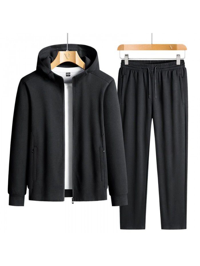 Spring and Autumn New Leisure Sports Pearl Cotton Large Set Men's Trendy Solid Hooded Set 