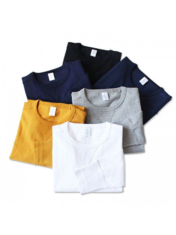 Heavyweight retro American cotton rugged all cotton seamless tube woven American style roll neck long sleeved T-shirt for men 