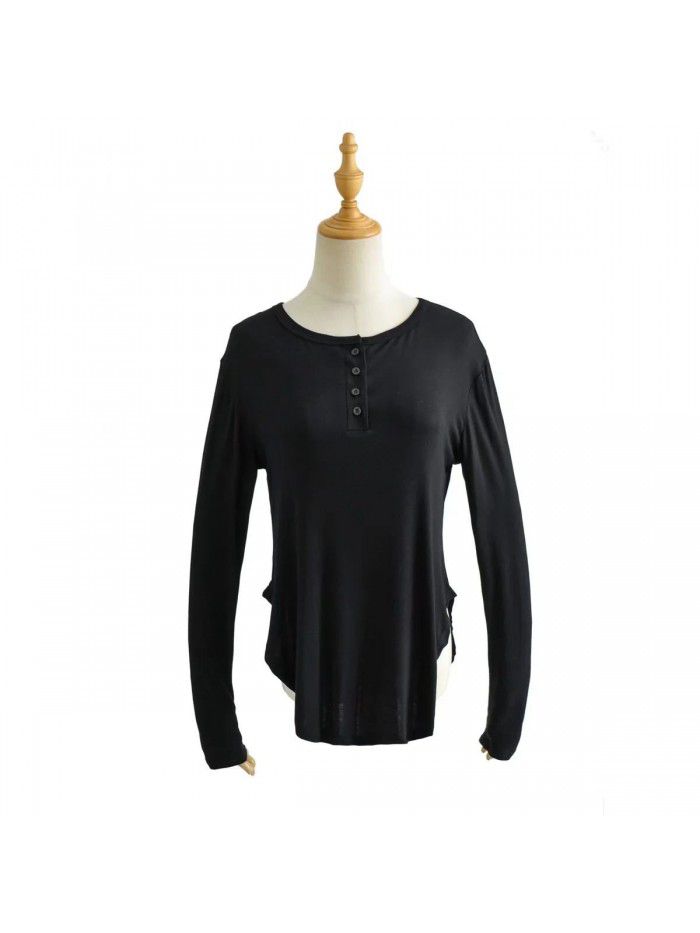 Spring and Summer New Women's Curved Bottom Access Control Three Button Round Neck Long Sleeve Loose Casual Long T-shirt Top 