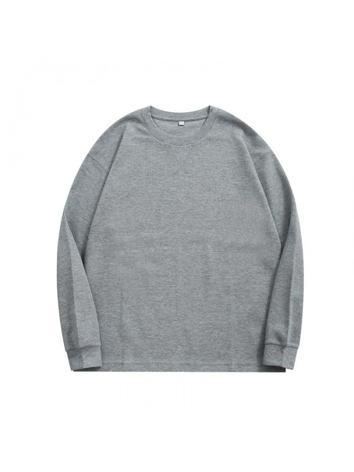 Waffle Long Sleeve T-shirt Men's Heavyweight Round Neck Loose Base Solid T-shirt 