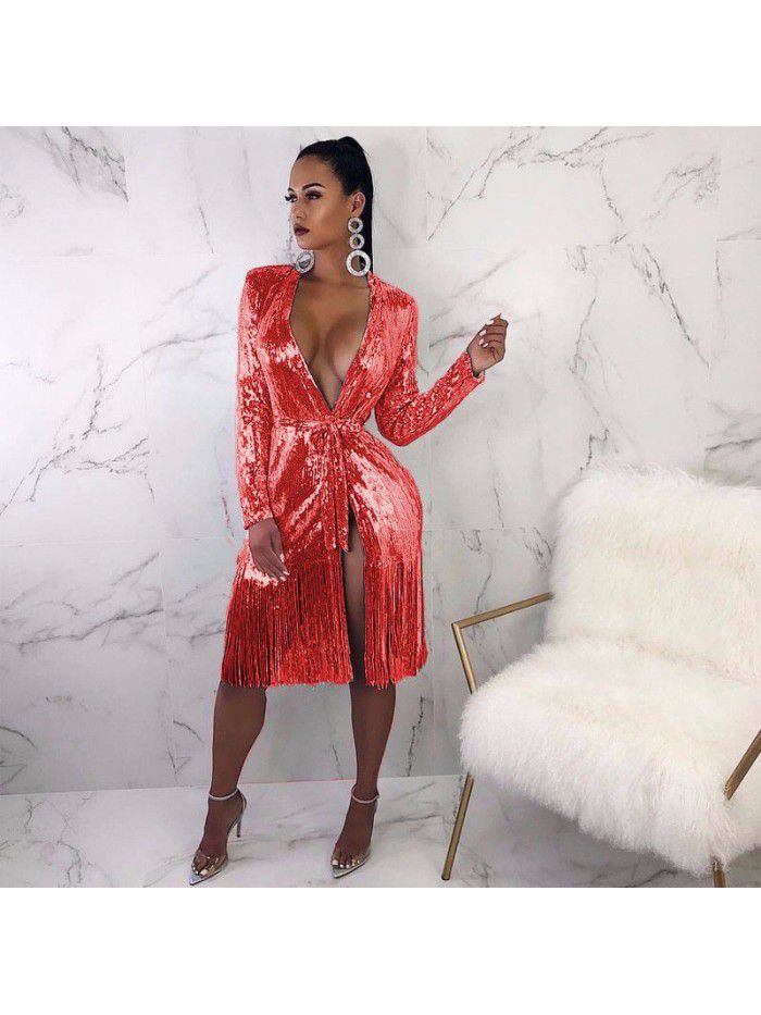 Deep V-neck sparkling sequin lace up long sleeved sexy split tassel dress 
