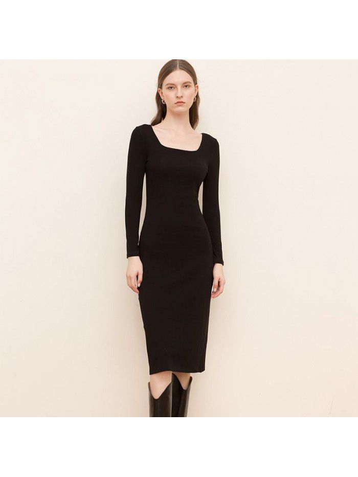 Square neck cotton medium length dress for women, solid color, long sleeved, slim fitting, split waist, pencil skirt for women 