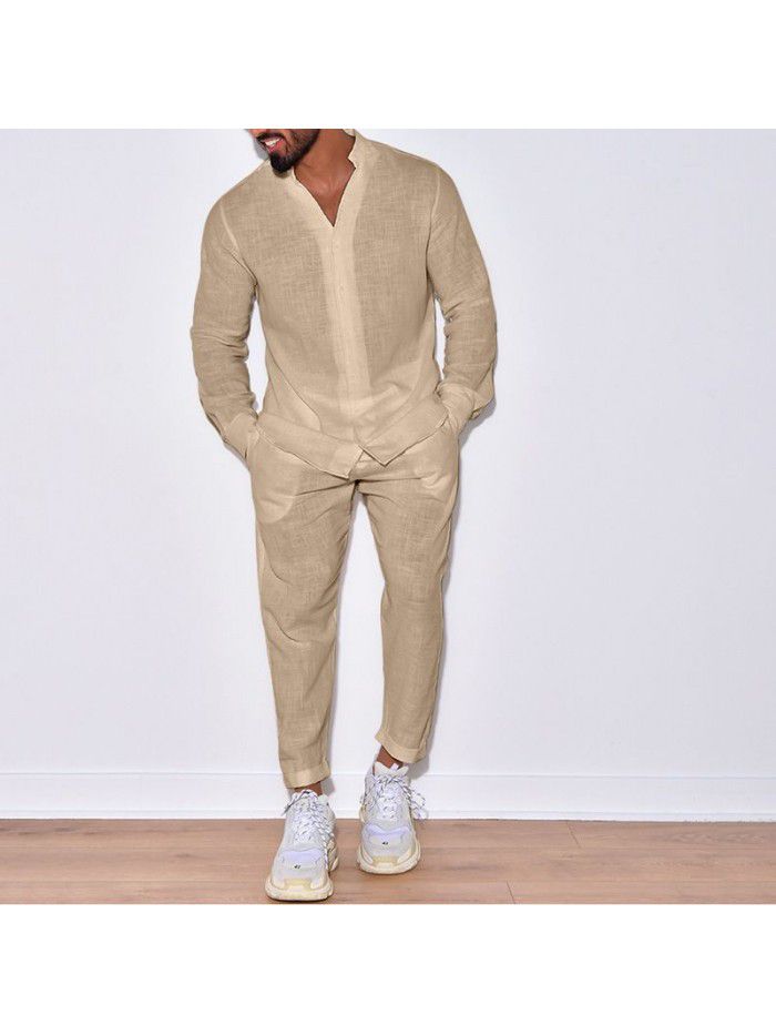 Men's linen autumn casual suit long sleeved one piece work pants 