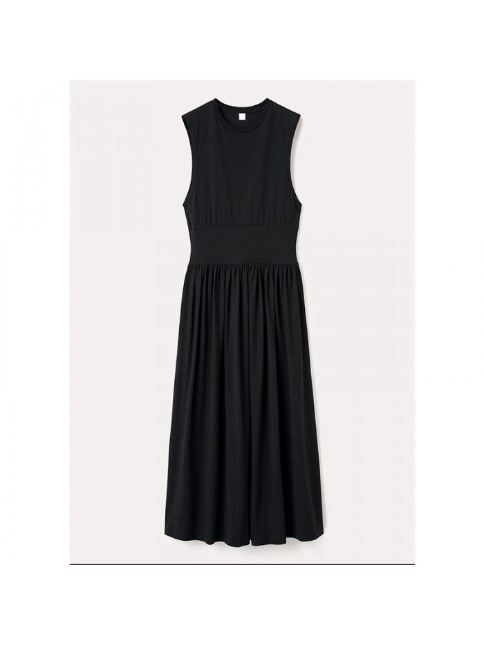 2023 Spring Casual Cotton Two Tone Waist A Line Flare Hem Mid length Sleeveless Women's Dress 