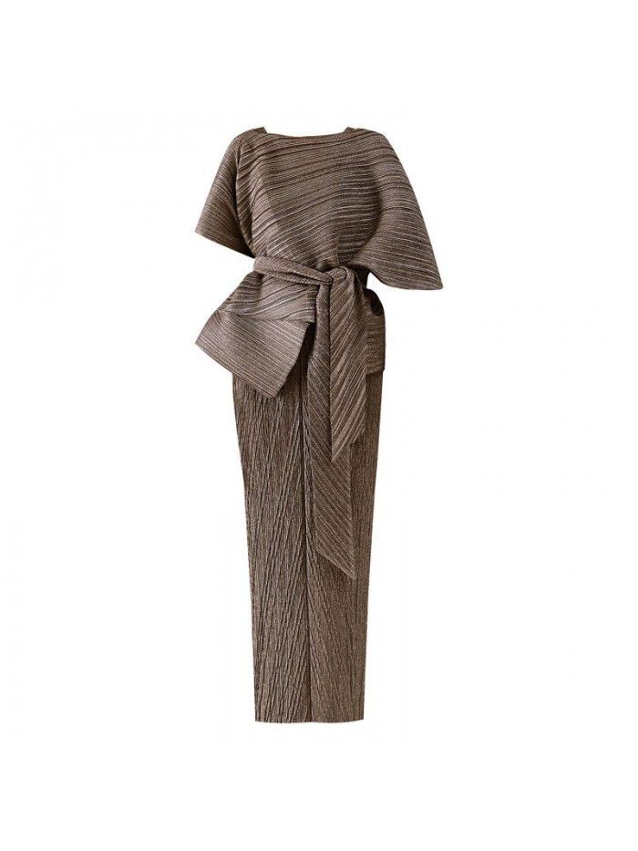 Summer New Two Piece Set Temperament Women's Slim Fit Long Party Fashion Pleated Dress 