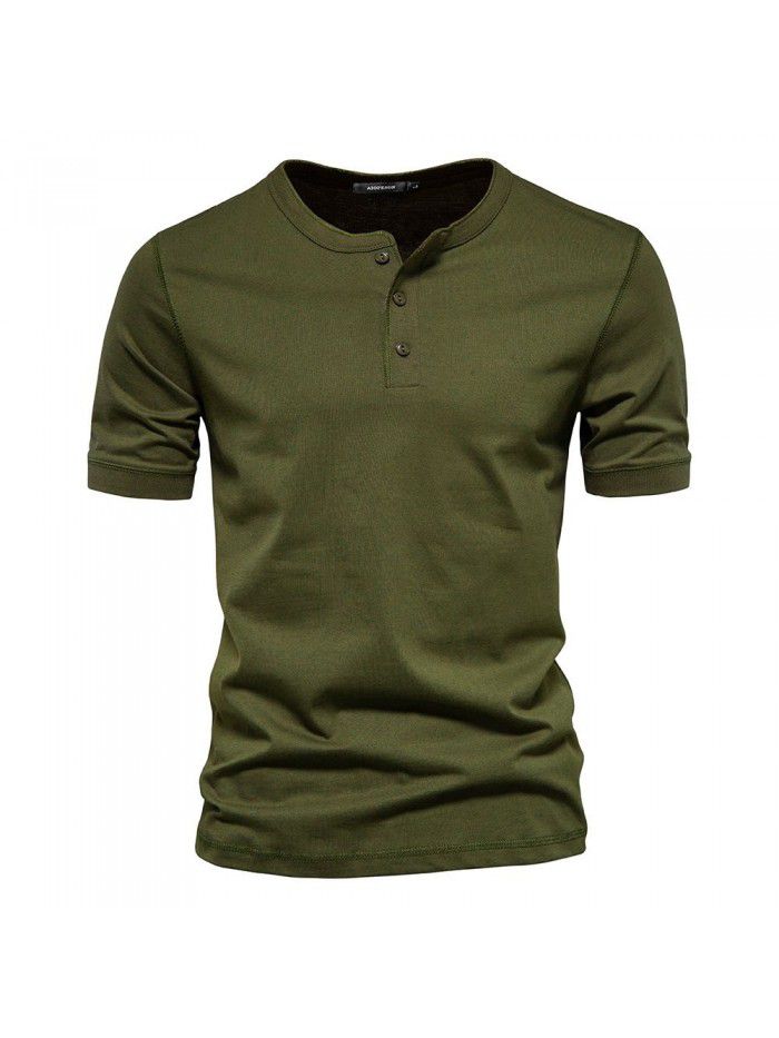 Clothes Men's T Henry Round Neck Short Sleeve T-shirt Heavyweight Men's Slim Fit Solid Color Sports Bottom Shirt 