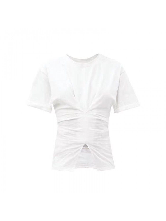 Pleated design feeling T minimalist style waist design appears slim and personalized solid color T-shirt for women 