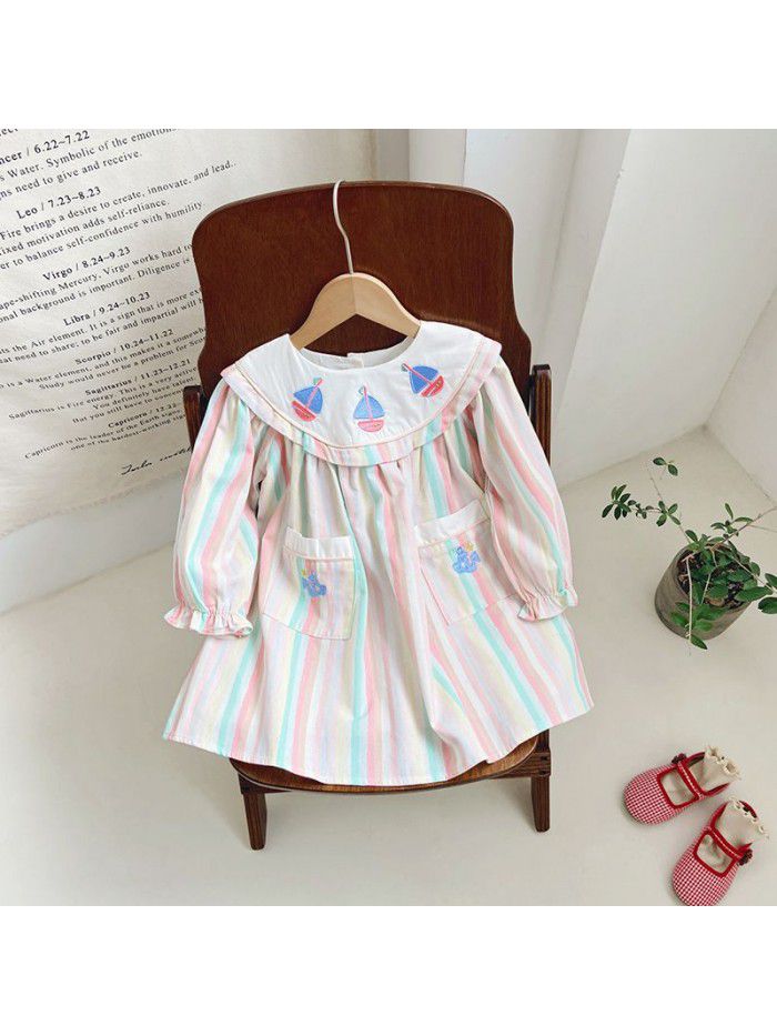 Embroidered Korean version girl's dress autumn navy style long sleeved westernized children's dress 