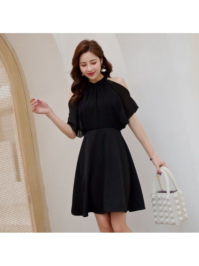French Elegant Little Black Dress Small Sexy Ruffle Shawl Slim Fit Black Hanging Neck Dress 
