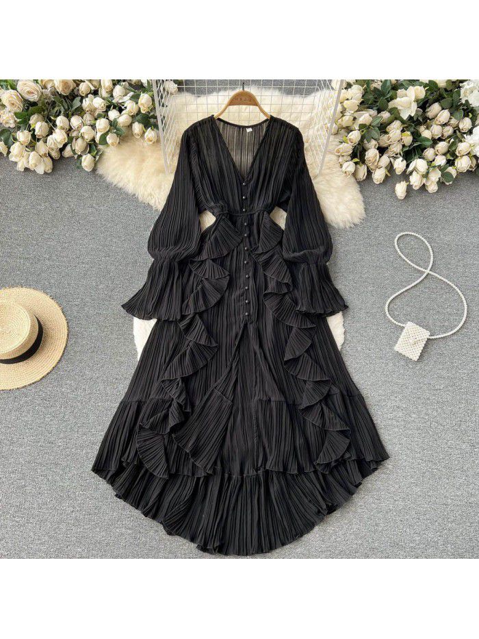 Fashionable and Sexy Solid V-Neck Ruffled Flare Sleeves to hem Dress  Fashionable and Sexy Solid V-Neck Ruffled Flare Sleeves to hem Dress