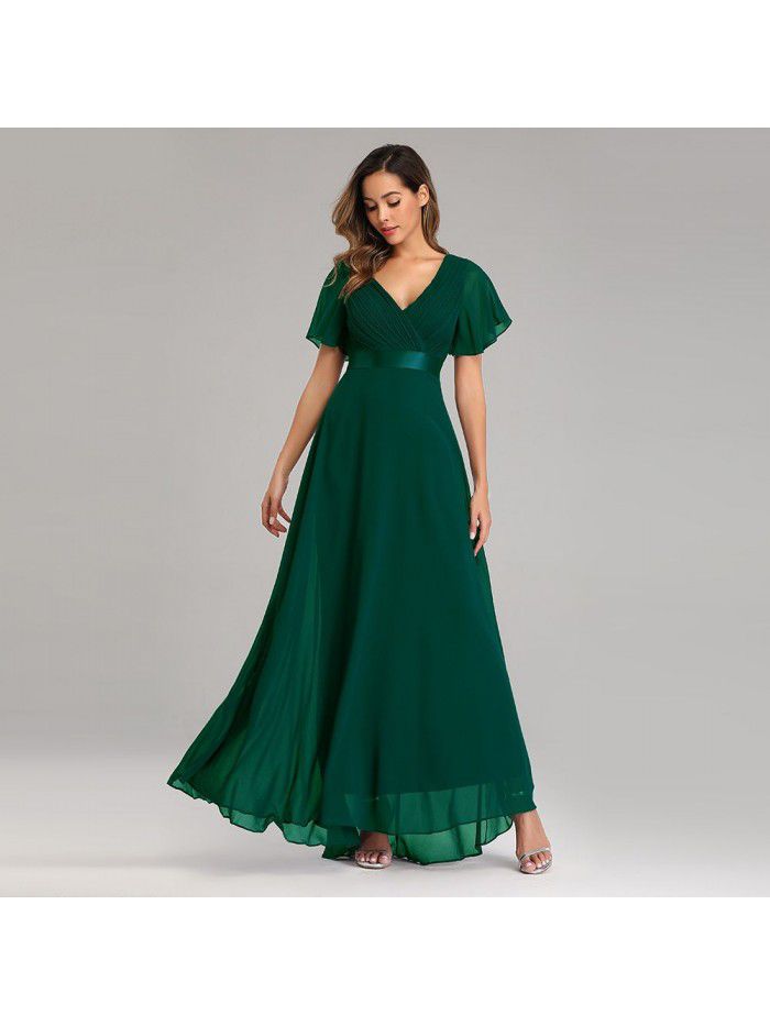 Spring/Summer Handmade Folded Big Swing Double V-neck Flare Sleeve Dress Elastic Chiffon Banquet Bridesmaid Large Evening Dress 