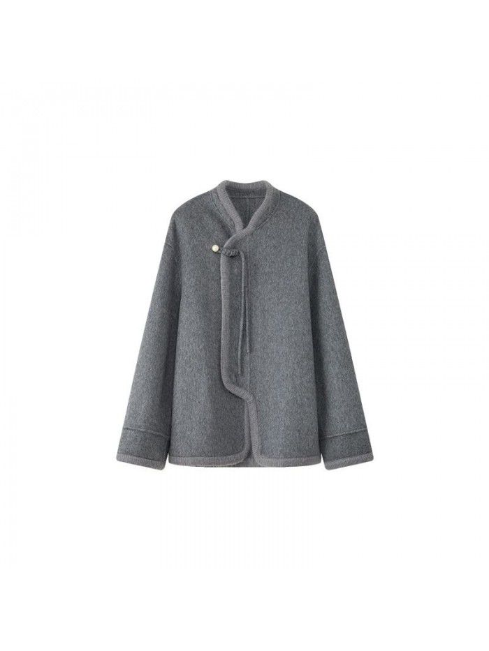 Double sided cashmere coat with button up for women's autumn and winter high-end woolen jacket