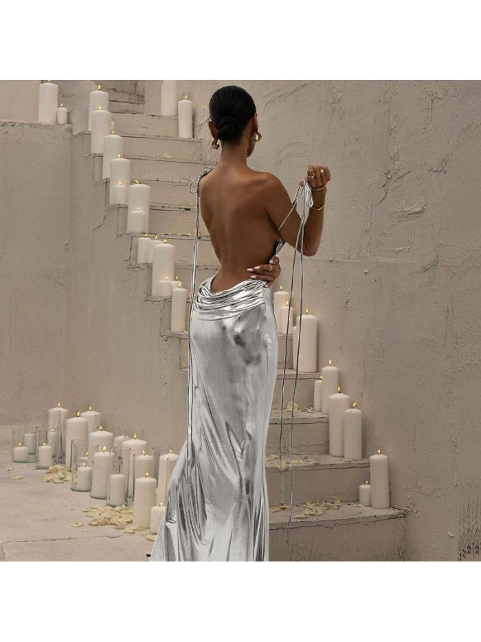 Spring Women's New Sexy Open Back Strap Long Dress Pleated Style Dress for Women 