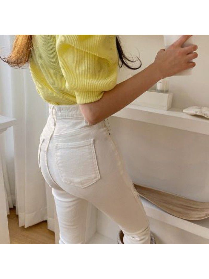 Korean High Waist White Jeans Women's Autumn/Winter Slim Fit and Slim French Split Straight Crop Pants with Broken Burr Edges 