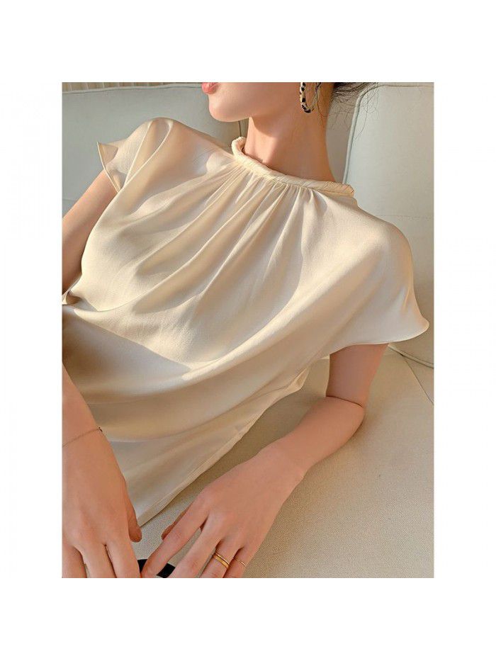 Summer short-sleeved shirt French fashion western-style satin short-sleeved retro court style female T-shirt top summer 