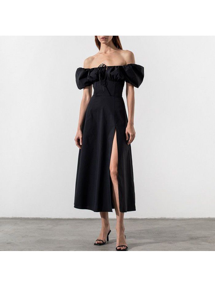 Summer Holiday Bubble Sleeve Solid Split Long Dress 