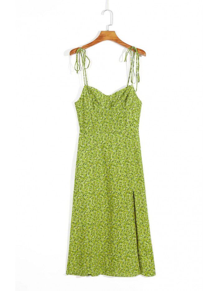 New Shoulder Lace up Slim Slim Slim Hanging Strap Avocado Green Fragmented Flower Split Dress for Women 