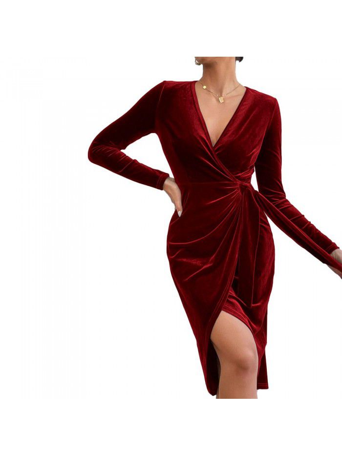 Sexy long dress with V-neck and buttocks, irregular mid length dress, cocktail dress, female 