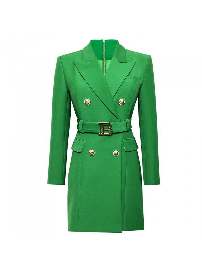 Spring and Autumn New Fashion High grade Solid Color Belt Long Sleeve Slim Fit Temperament Commuter Suit Dress Women 