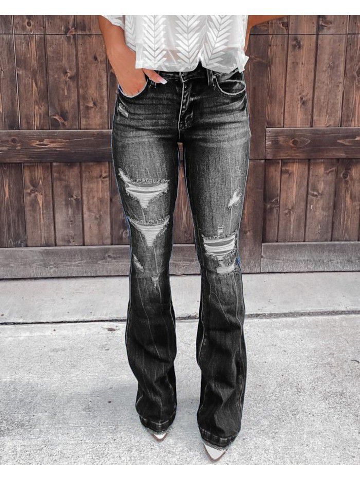 New Women's Casual Pants Show Thin Temperament Broken Hole Denim Wide Leg Women's Pants 