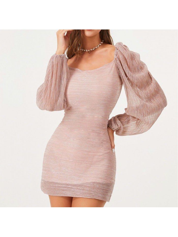 Bubble Sleeve Square Neck French Long Sleeve Slide Silk Celebrity Metal Wrap Hip Dress  Bubble Sleeve Square Neck French Long Sleeve Slide Silk Celebrity Metal Wrap Hip Dress