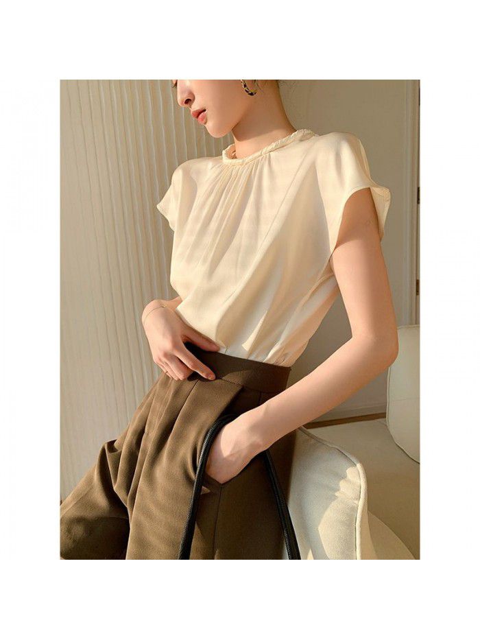 Summer short-sleeved shirt French fashion western-style satin short-sleeved retro court style female T-shirt top summer 