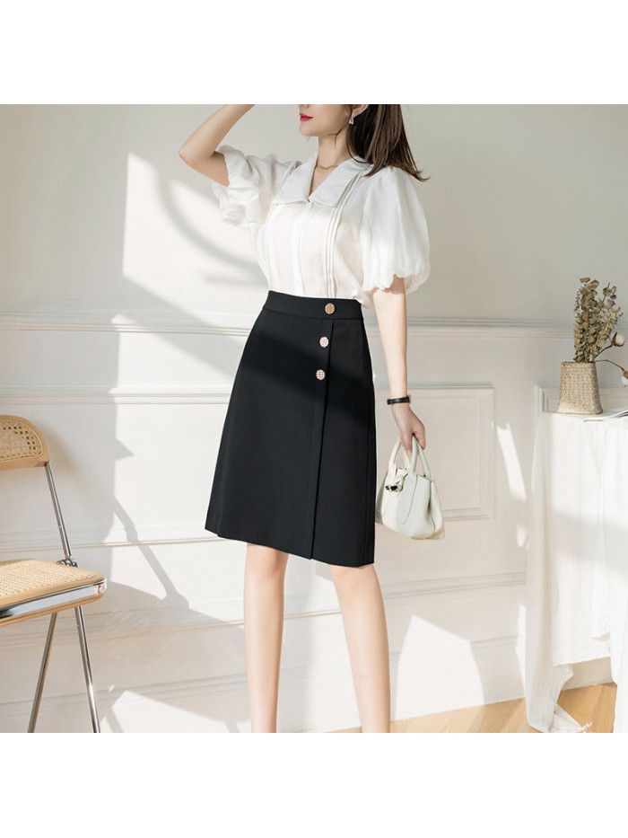 High waisted skirt, spring and summer new retro asymmetric slimming commuter A-line skirt 
