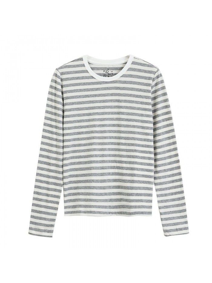 Long sleeved T-shirt Women's pure cotton striped T-shirt Indian cotton T-shirt Tianzhu woven round neck T-shirt 