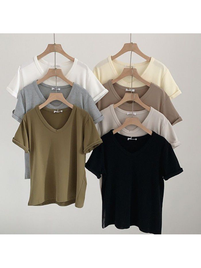 V-neck brushed T-shirt for women's early autumn new product temperament Korean Morandi solid color versatile short sleeved T-shirt for women 