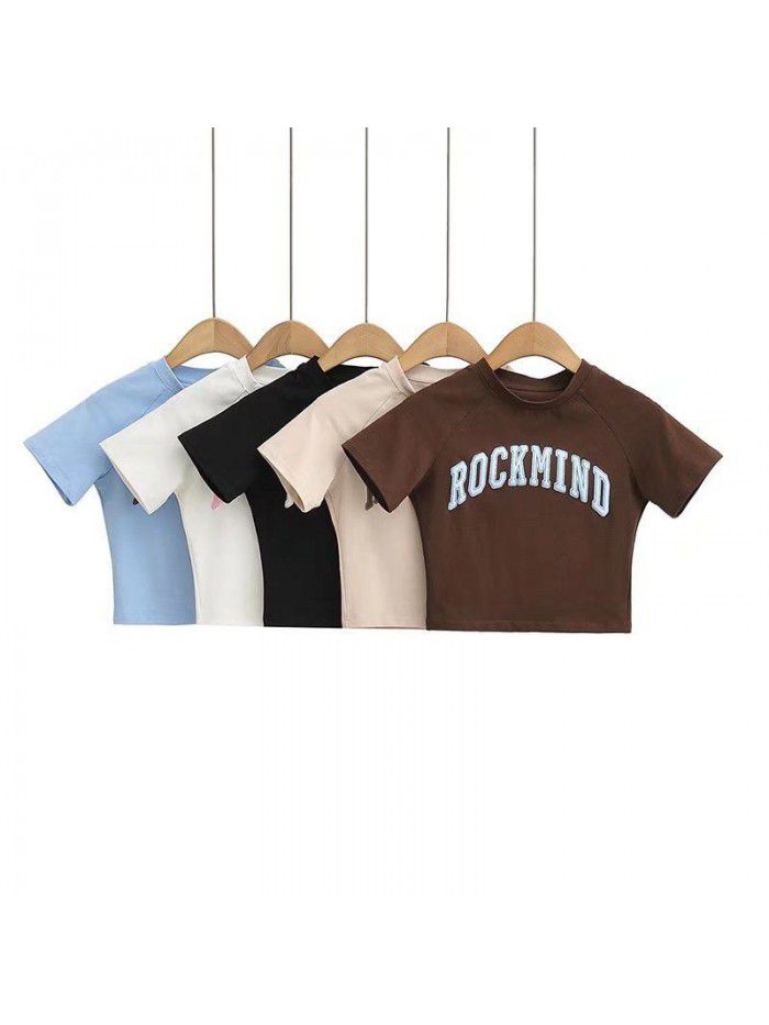 3D letter embroidery short sleeved t-shirt women's round neck short summer new design feeling slim fitting spicy girl exposed navel top 