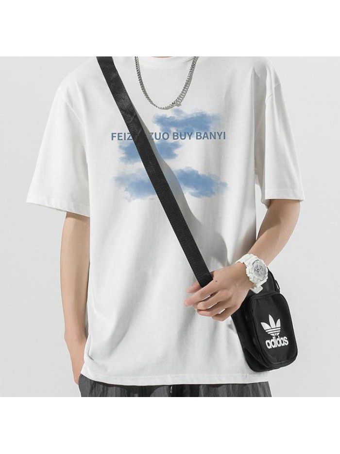 New pure cotton short sleeved T-shirt for men's creative trendy brand loose fitting men's half sleeved round neck T-shirt for men's clothing 