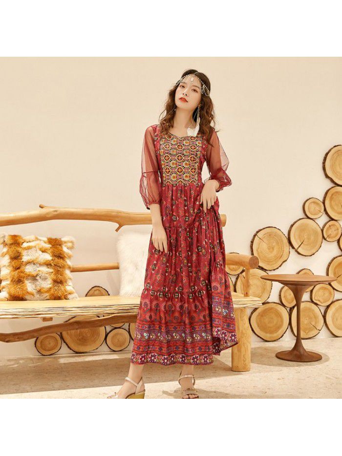 3/4 Sleeve Mesh Printed Long Dress Embroidered Ethnic Style Swing Dress 