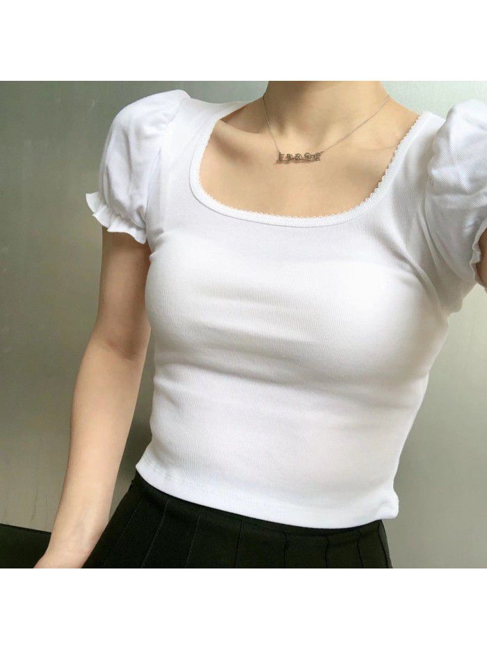 Small crowd design auricle edge bubble sleeve square collar exposed collarbone short sleeve T-shirt female 