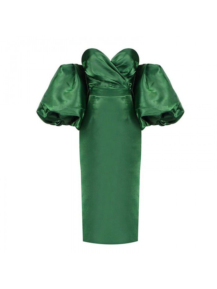 Autumn Women's Solid Color Wrapped Chest High Waist Lantern Sleeve Mid length Dress Dress  Autumn Women's Solid Color Wrapped Chest High Waist Lantern Sleeve Mid length Dress Dress
