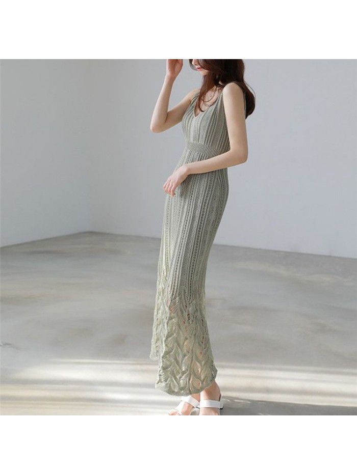 Spring/Summer Mid length Knitted Sling Dress for Women Sleeveless Outwear Over Knee Skirt Underlay Tank Top Long Dress 
