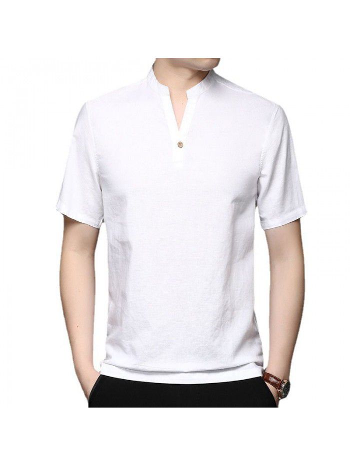 New Summer Men's Linen T-shirt Solid Fit Short Sleeve Casual 