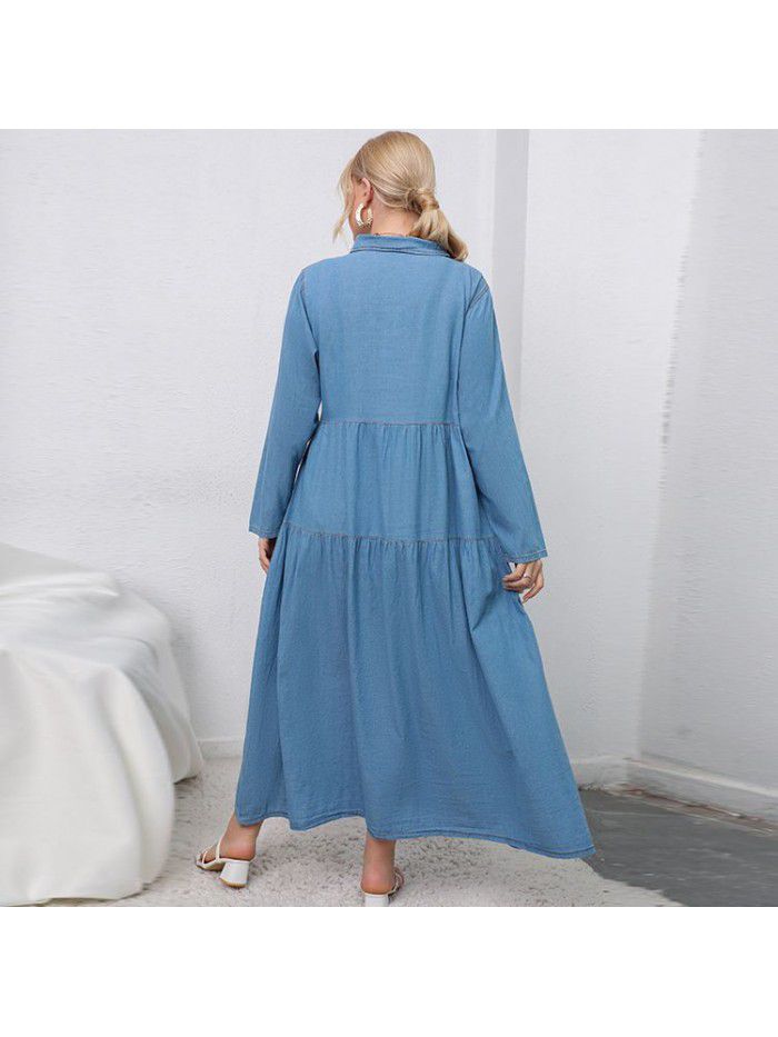 High waisted blue denim long dress cardigan temperament commuting women's denim 