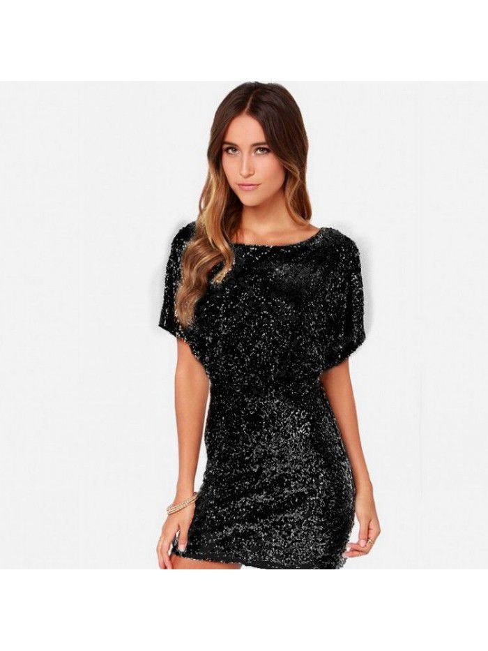 Golden sequin slimming and slimming, revealing shoulder bag and buttocks dress, sexy nightclub split back dress, short skirt for women 