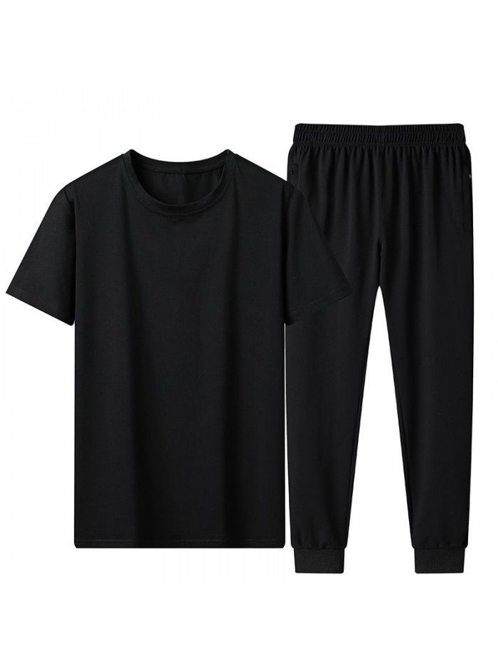 Summer ice porcelain cotton plain casual suit men's short-sleeved t-shirt loose large leggings 