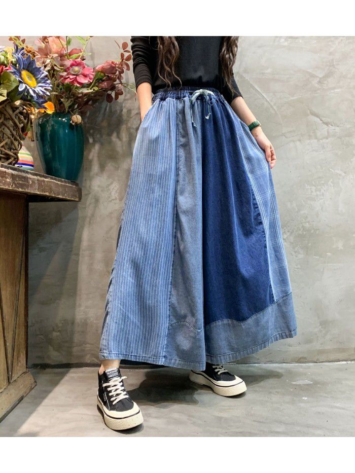 Denim Wide Leg Pants Spring New Fashion Personalized Color Matching Old Size Skirt Pants Cropped Pants Women 