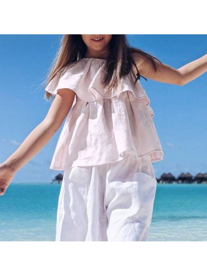Girls' cotton and linen top girls' diagonal shoulder double-layer ruffle design sense summer children's clothing princess style sleeveless T-shirt 