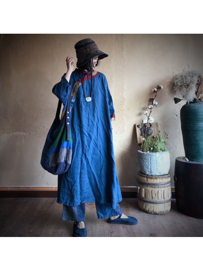 Vintage patch washed pure linen loose fitting dress gown 