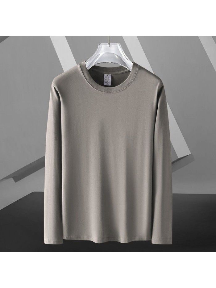 Long sleeved T-shirt for men in spring and autumn, round neck loose fitting pure white bottom shirt for men's upper garment 