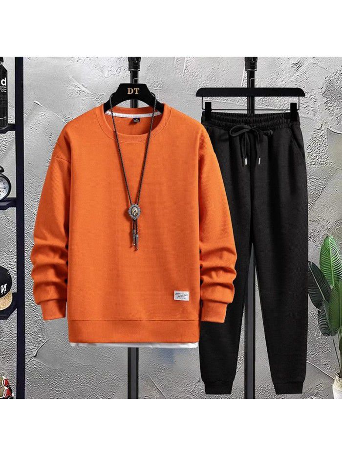 New Men's Leisure Sports Set Men's Fashion Brand Men's Sweater T-shirt Handsome Waffle Autumn Men's Wear 