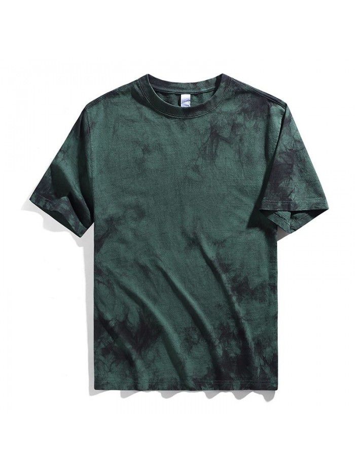 Men's tie dyed t-shirt, shoulder length, pure cotton loose short sleeved men's heavy duty t-shirt, round neck, trendy brand top