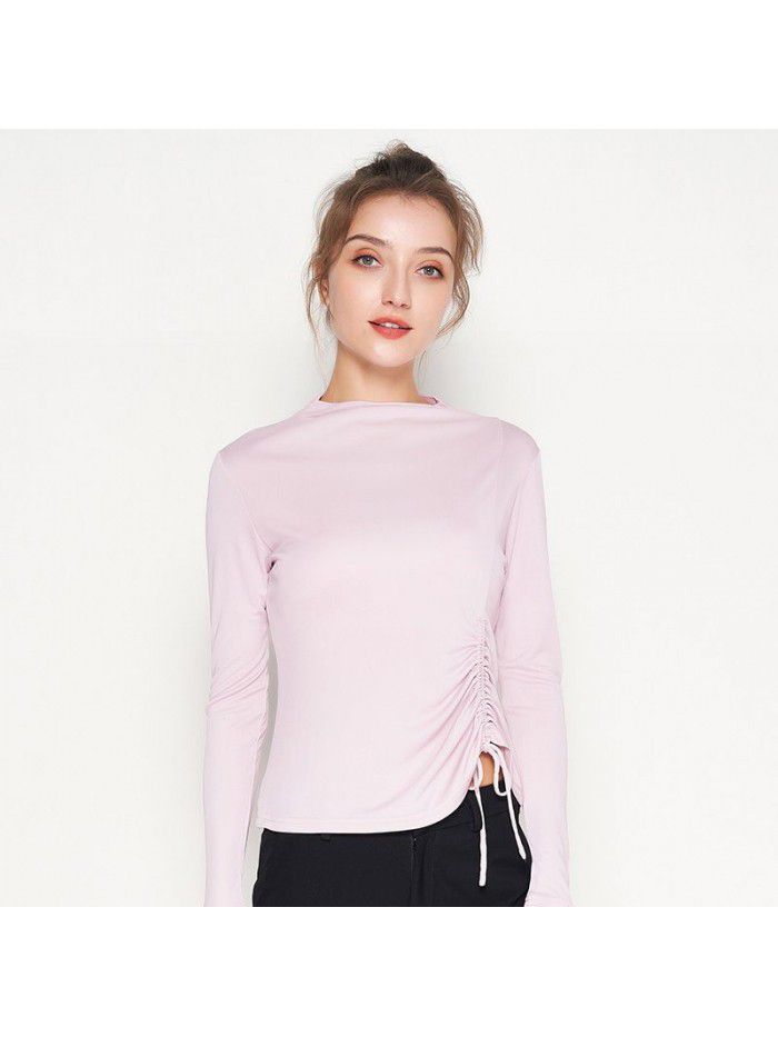 Autumn New Silk Bottom Shirt Women's Long Sleeve T-shirt Silk Drawstring Slim Fit Medium High Neck Top 