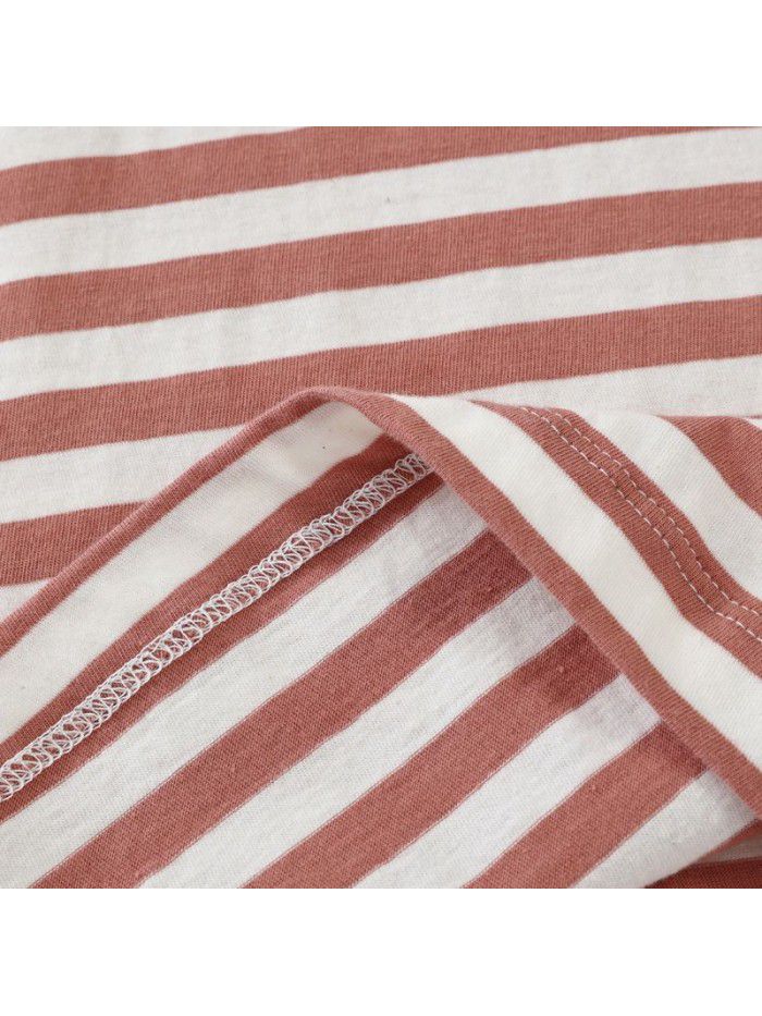 Long sleeved T-shirt Women's pure cotton striped T-shirt Indian cotton T-shirt Tianzhu woven round neck T-shirt 