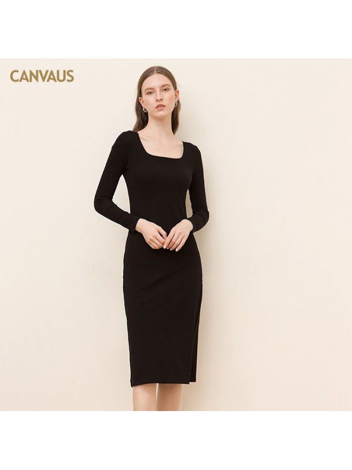 Square neck cotton medium length dress for women, solid color, long sleeved, slim fitting, split waist, pencil skirt for women 