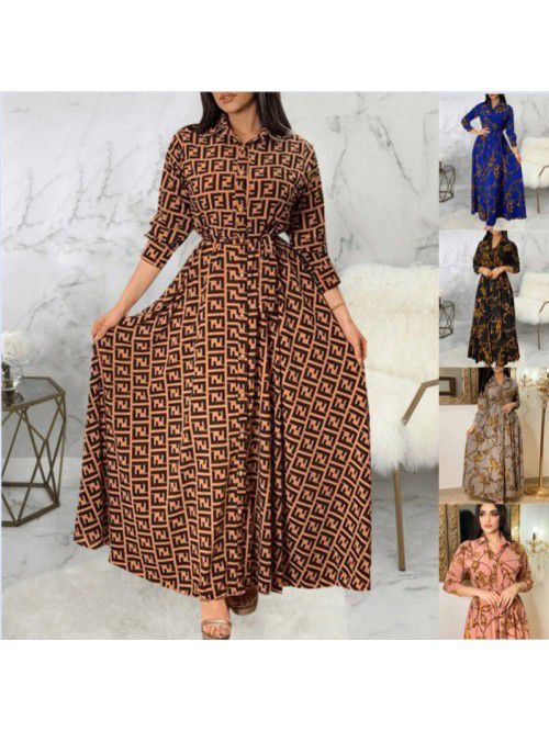 New retro floral print single breasted belt long d...